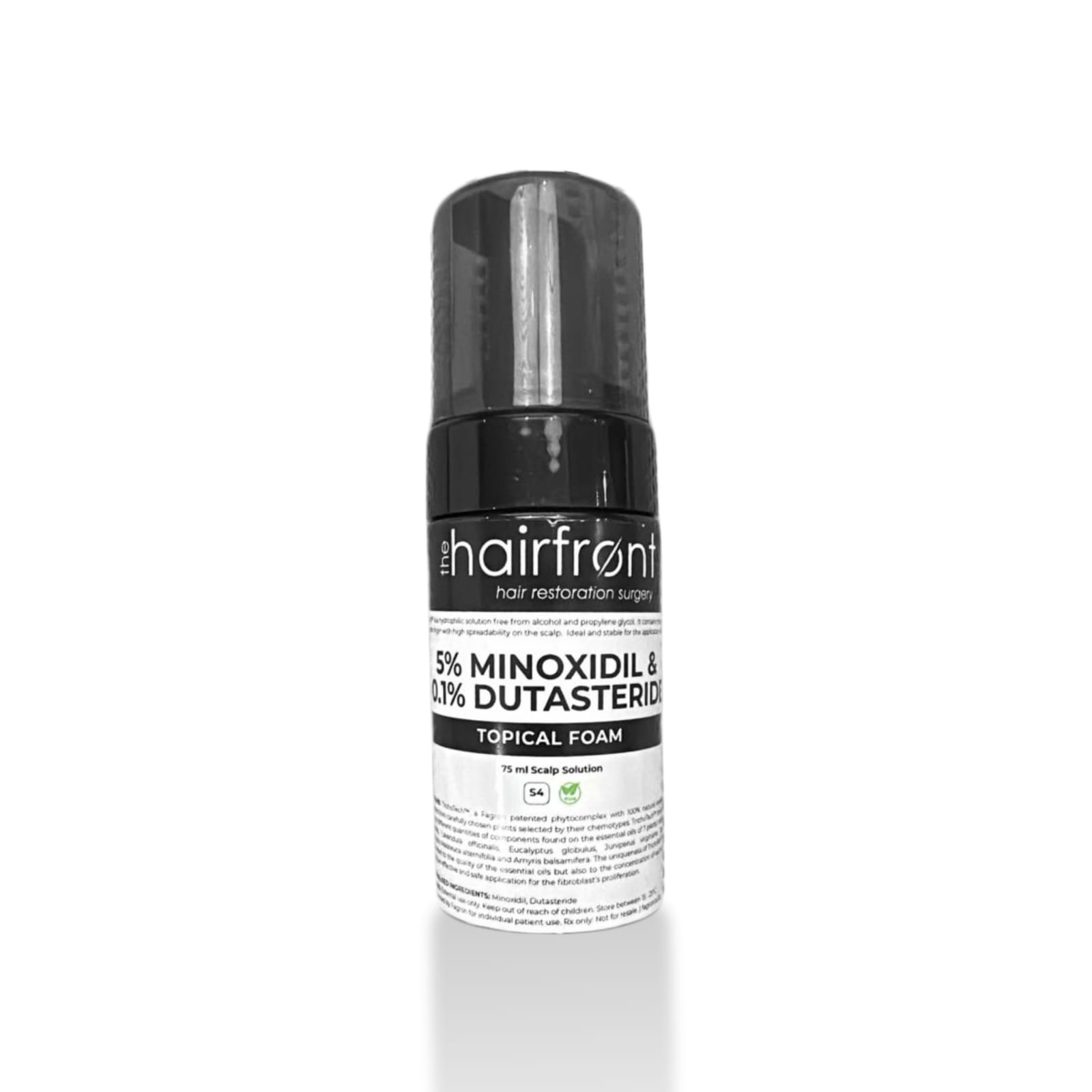 Bottle of The Hairfront topical foam for hair restoration, showing '5% minoxidil & dutasteride' on label